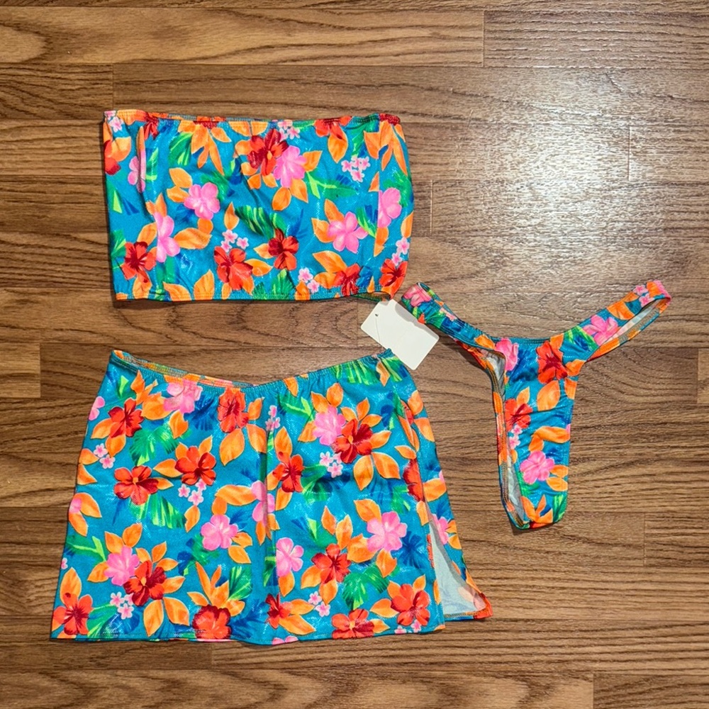 Minor Creations 3 Piece Swim Suit Set Sexy Floral One Size Shiny Made In USA 90s